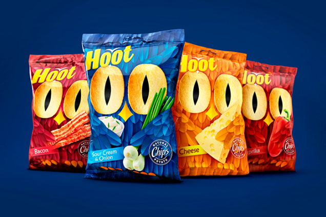 Разработка дизайна упаковок линейки картофельных чипсов Hoot для Global Snack Fabula Branding