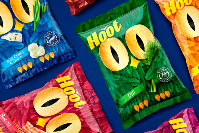 Разработка дизайна упаковок линейки картофельных чипсов Hoot для Global Snack Fabula Branding