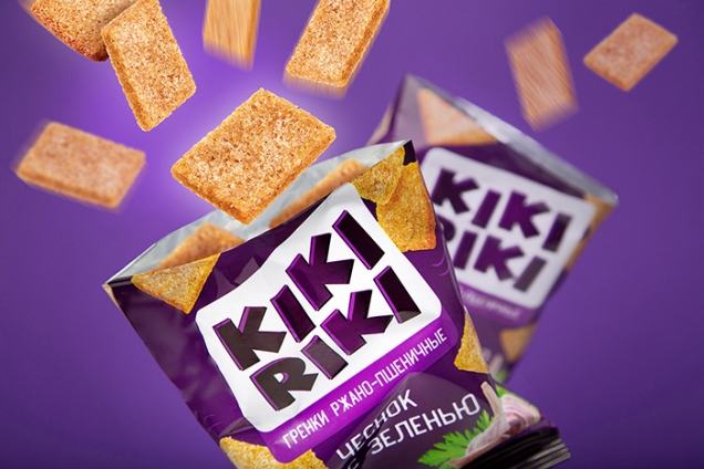 Дизайн упаковки гренок KIKIRIKI для группы компаний «Аквалайф» Fabula Branding