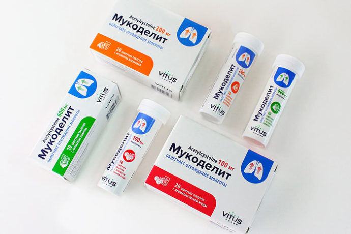  Упаковка и key visual препарата «Мукоделит», первого лекарственного средства, выпускаемого под брендом Vitus
