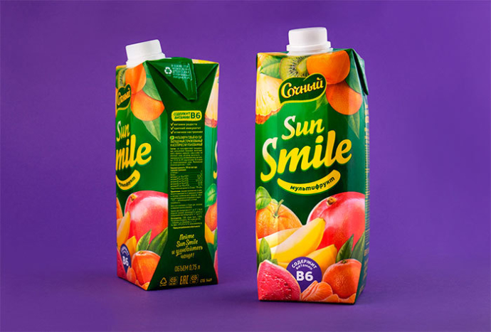  Линейка нектаров и сокосодержащих напитков SunSmile в компактных упаковках 0,75л. AIDA Pioneer Branding & Creative и «Оазис Груп»