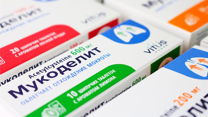  Упаковка и key visual препарата «Мукоделит», первого лекарственного средства, выпускаемого под брендом Vitus