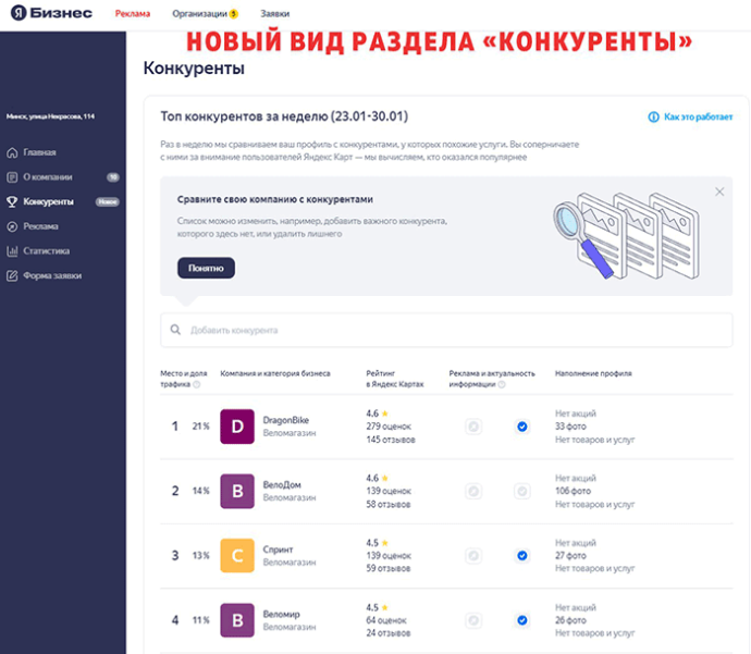  Яндекс обновил раздел Яндекс Бизнес список конкурентов